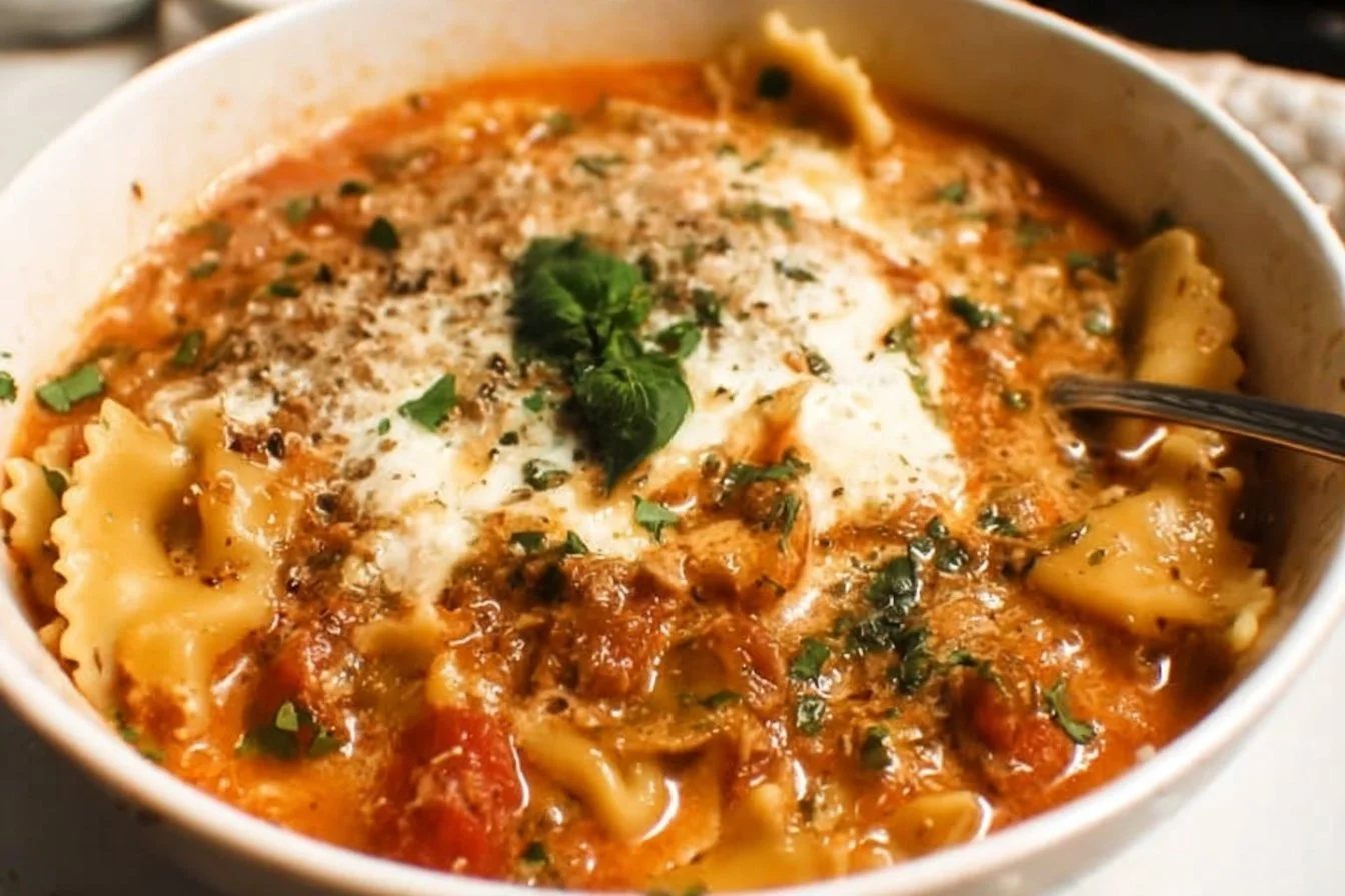 Bowl of easy creamy lasagna soup with cheese and herbs