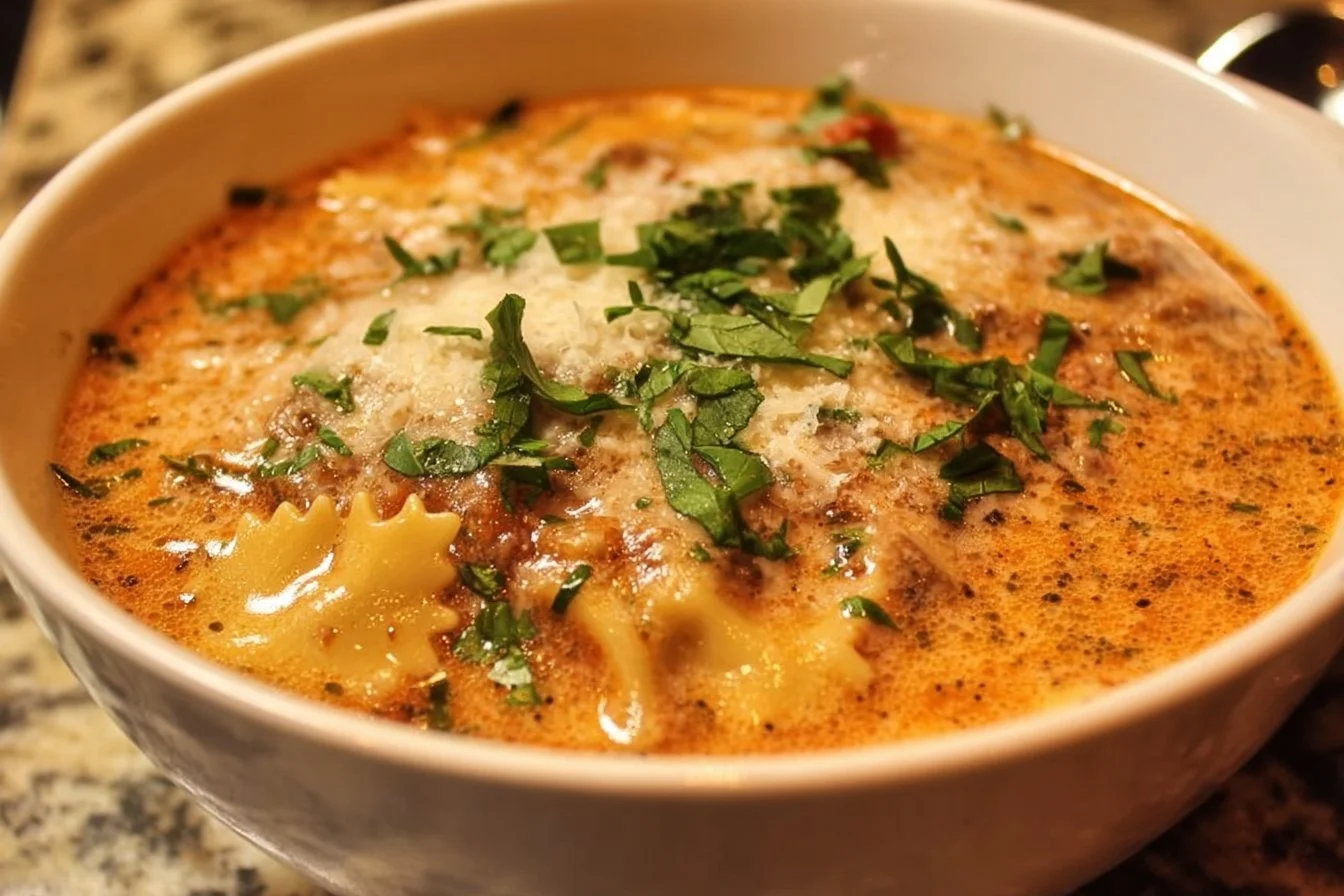Bowl of creamy lasagna soup topped with cheese and herbs