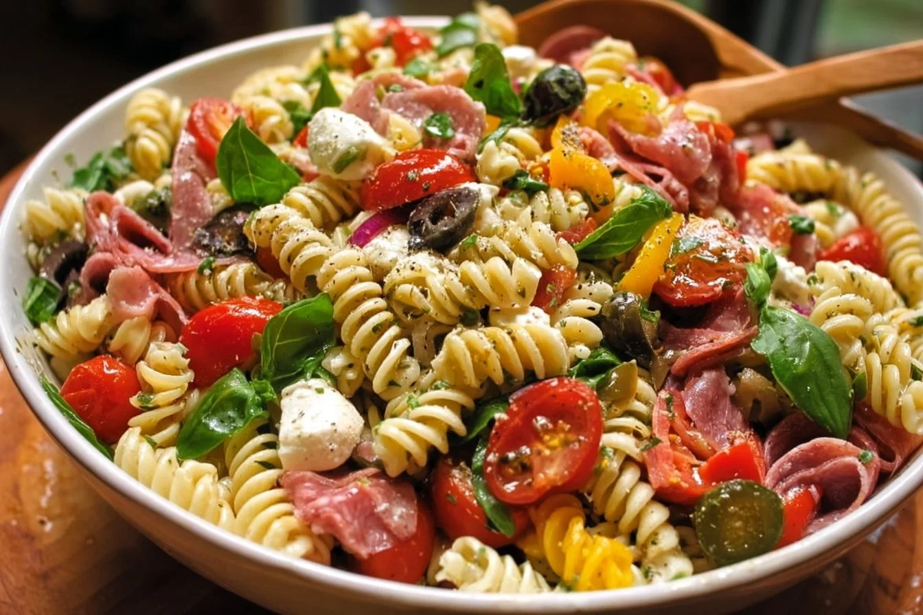 Delicious Easy Italian Antipasto Pasta Salad with fresh ingredients in a bowl.