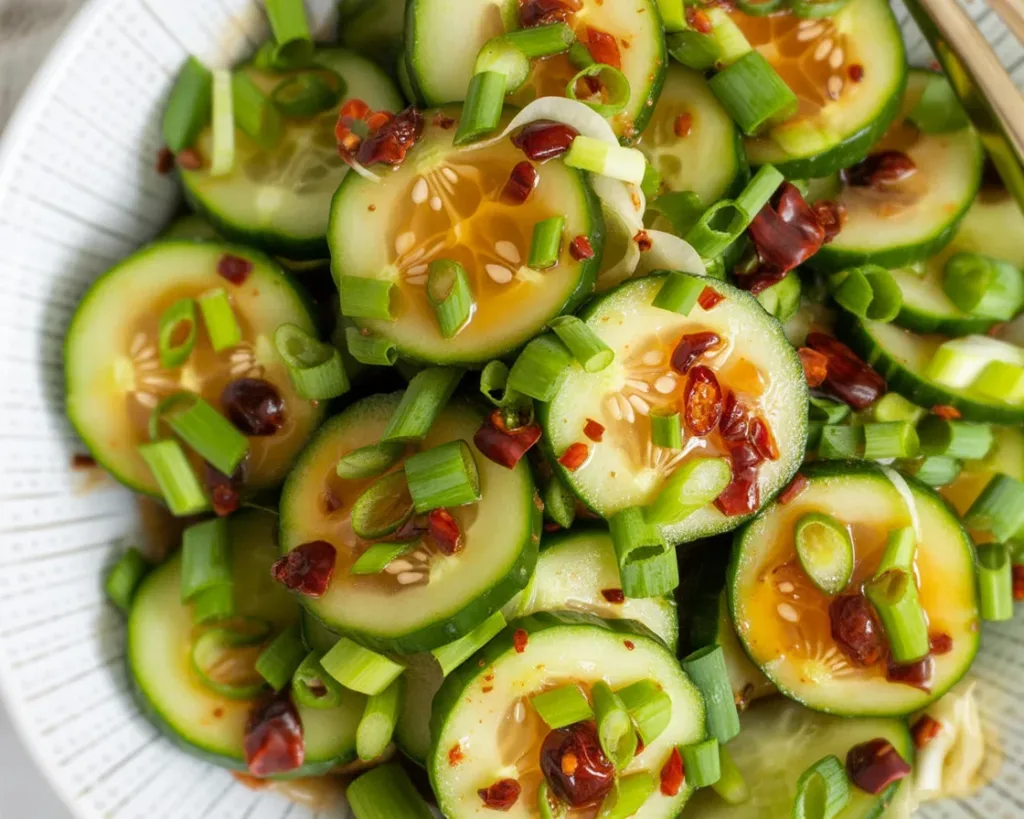 Delicious Viral Cucumber Salad with soy sauce, sesame oil, and fresh ingredients.