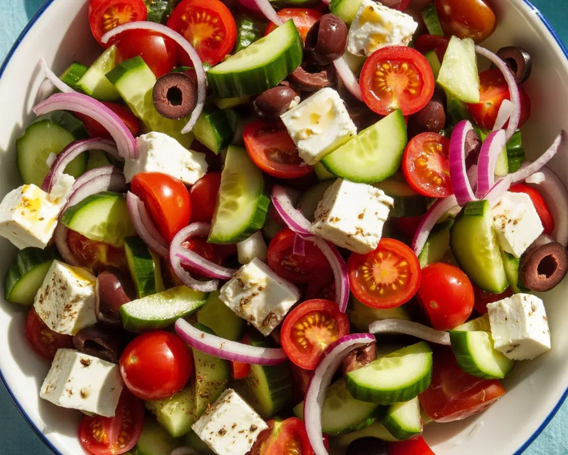 Fresh Greek Salad with tomatoes, cucumbers, olives, and feta cheese.