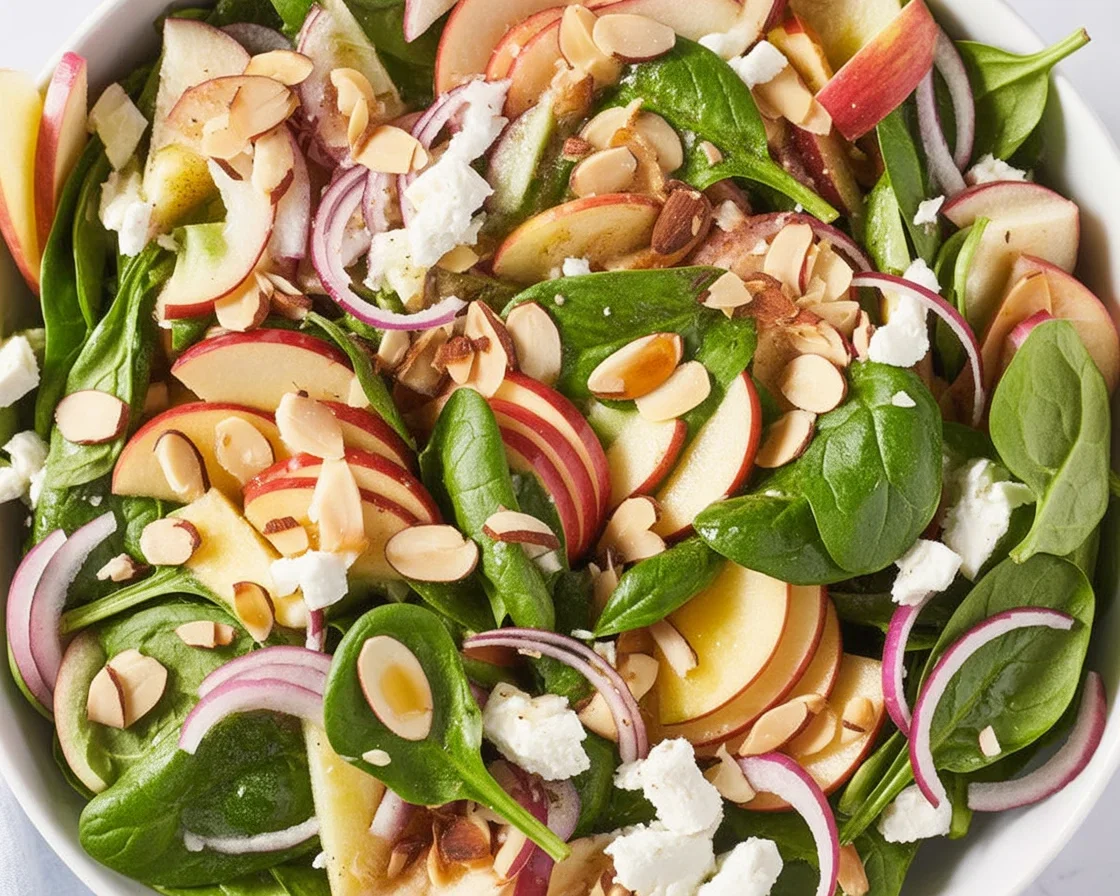 Fresh Spinach Salad with apples, toasted pecans, and a tangy apple cider vinaigrette.