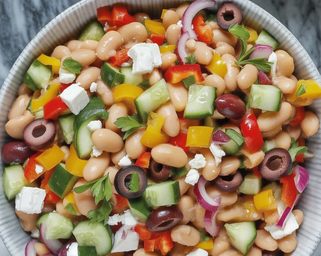 Mediterranean Dense Bean Salad with beans, veggies, and feta cheese