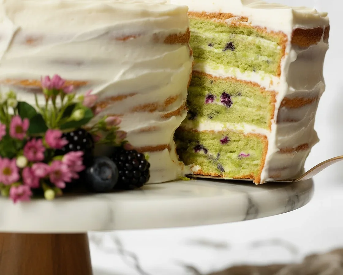 Moist Pistachio Cake topped with creamy glaze and garnished with pistachios