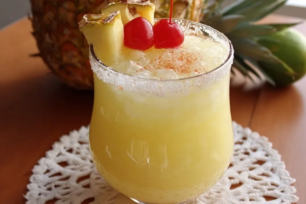 Refreshing Non Alcoholic Piña Colada Punch served in a festive glass.