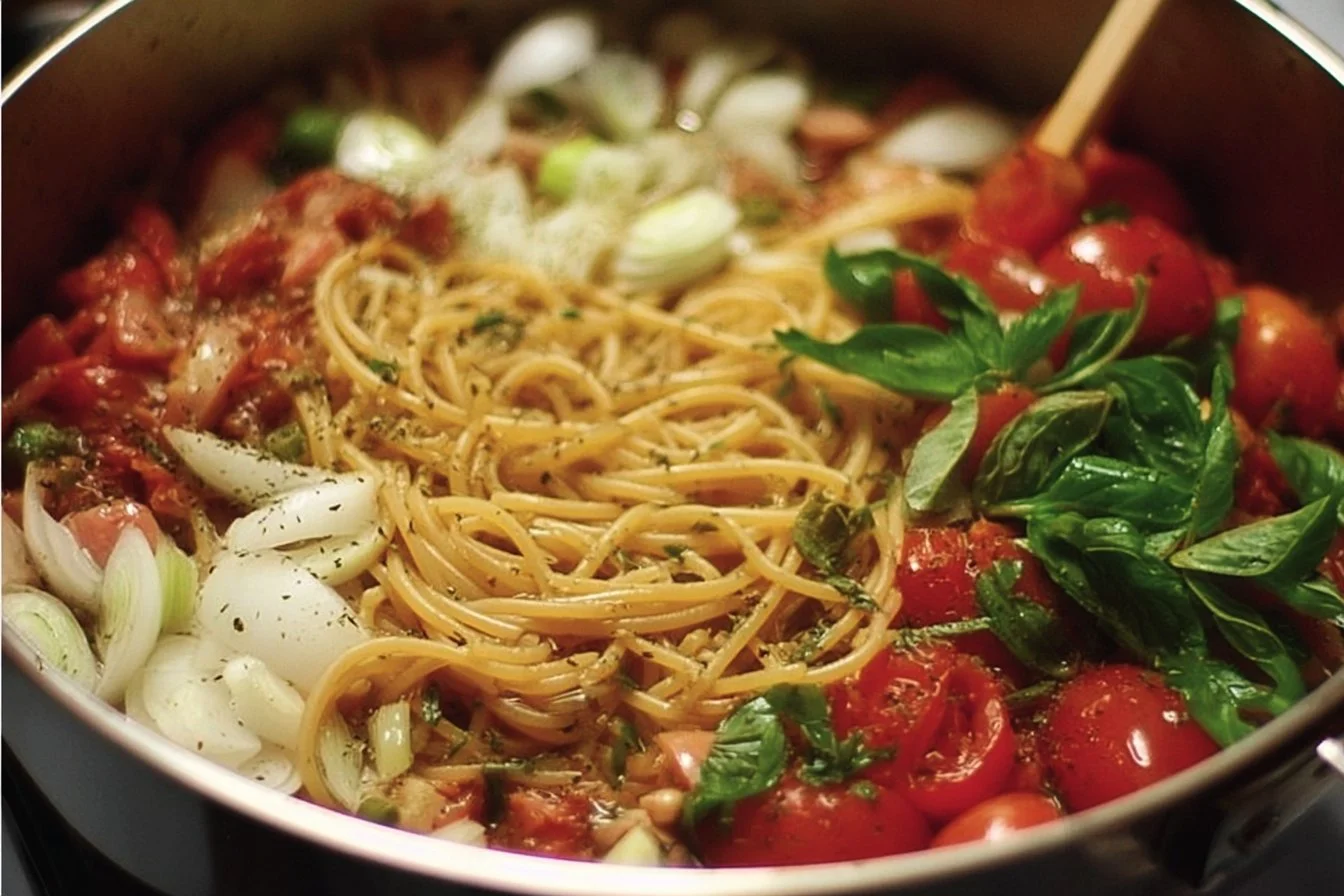 One-pot pasta dinner prepared with fresh ingredients in a single pot