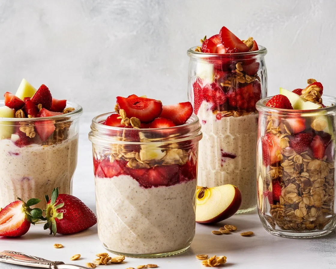 Delicious overnight oats with fruits and chia seeds in a glass jar for a nutritious breakfast.
