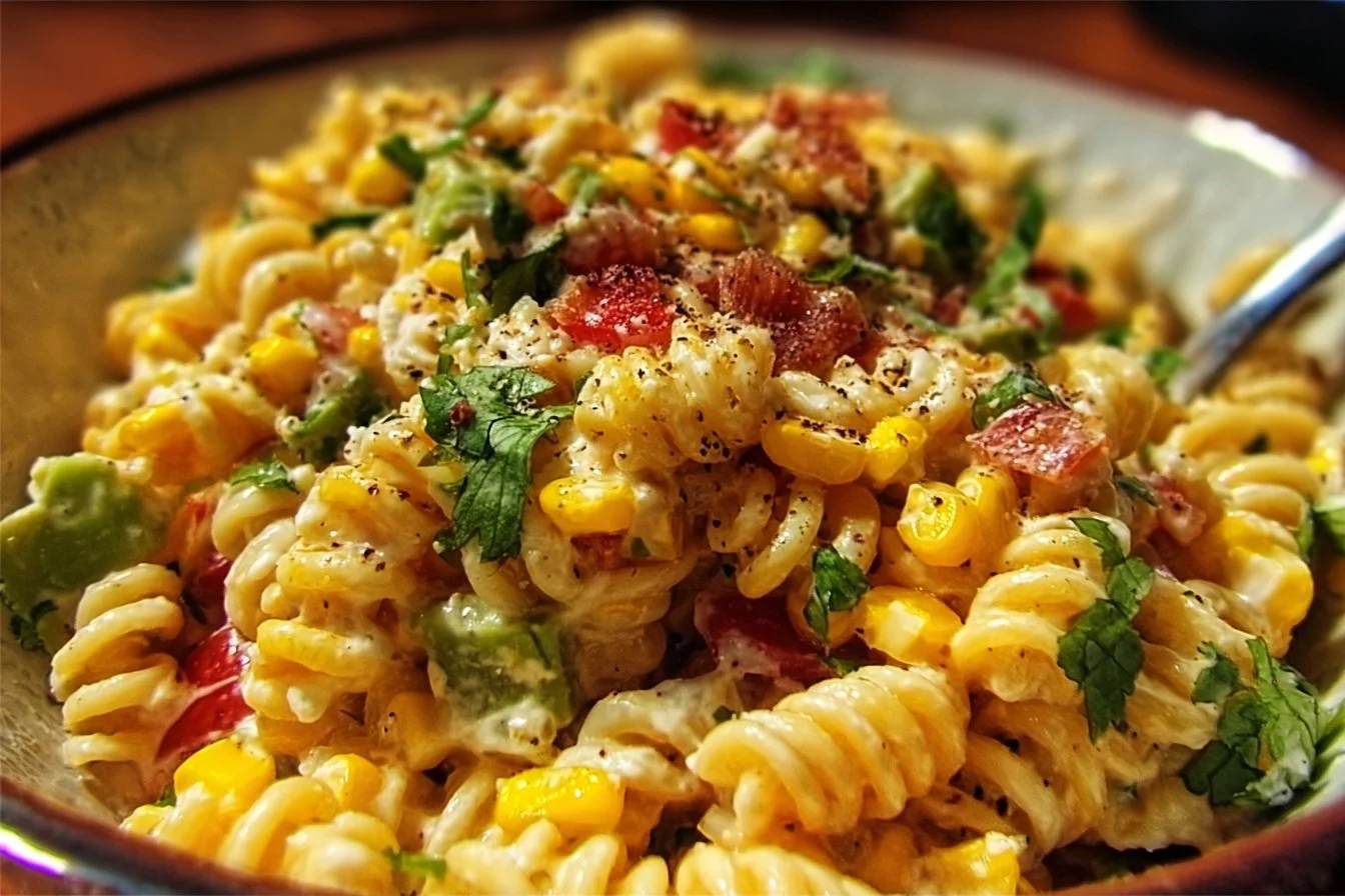 A vibrant bowl of Mexican street corn pasta salad topped with fresh herbs and cheese.