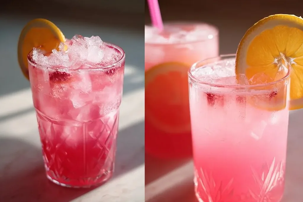 Colorful pink mocktails garnished with fresh fruits and herbs.