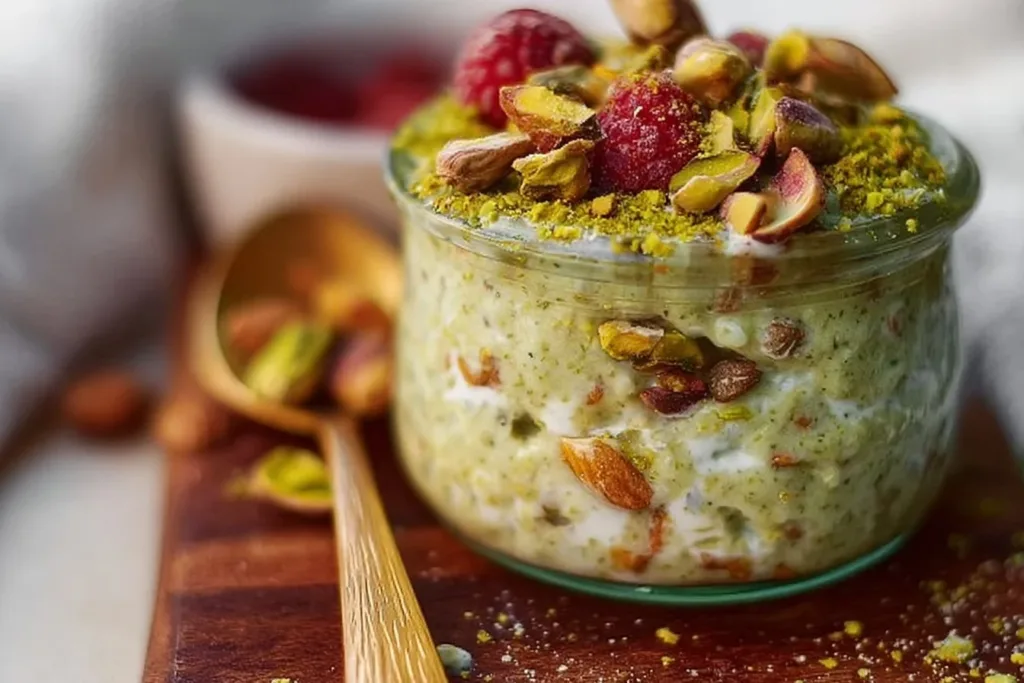 A bowl of pistachio overnight oats topped with fresh fruit and nuts
