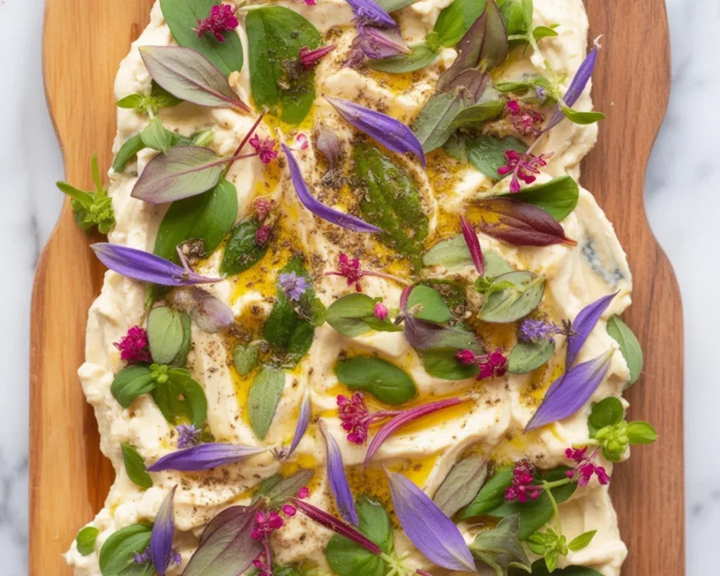 Delicious butter board topped with herbs, spices, and served with warm bread.
