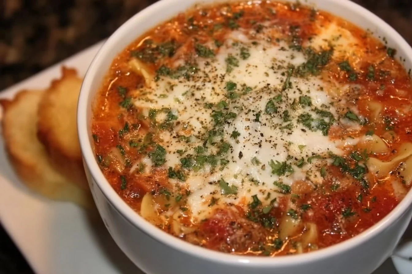 Bowl of slow cooker lasagna soup garnished with cheese and herbs
