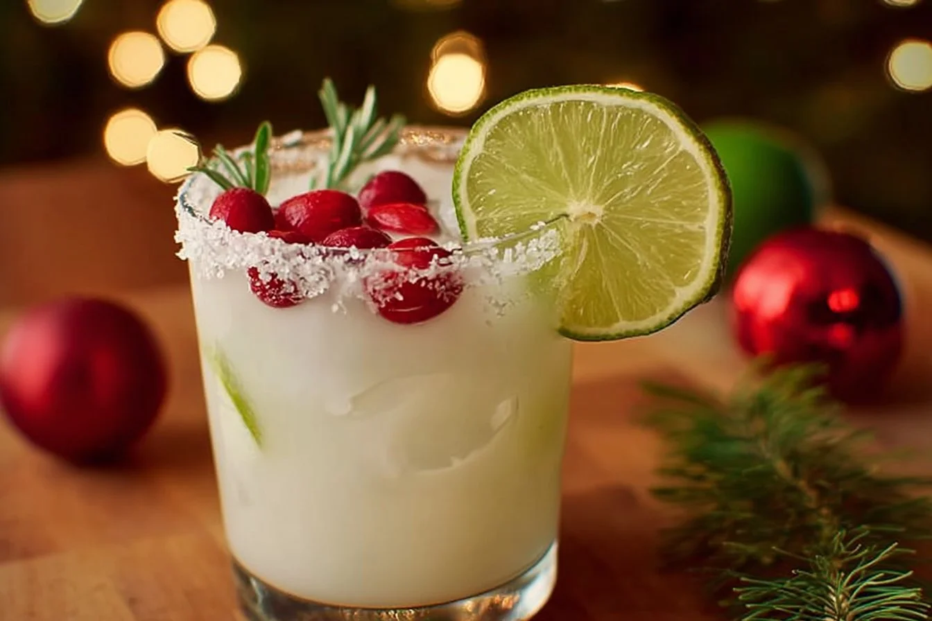 White Christmas Margarita with festive garnishes in a holiday setting