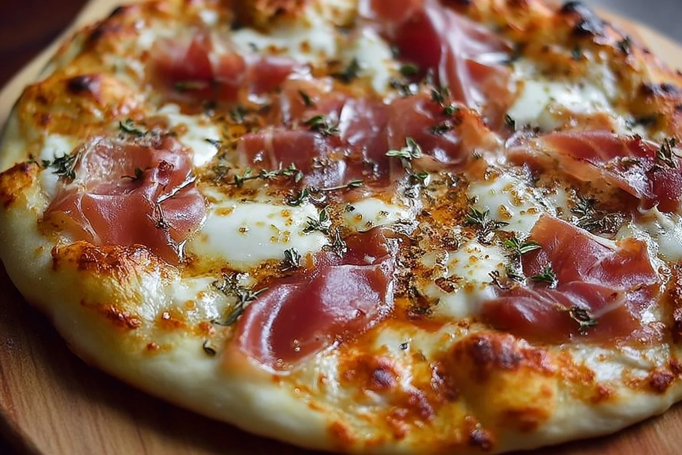 White pizza with prosciutto and hot honey drizzled on top