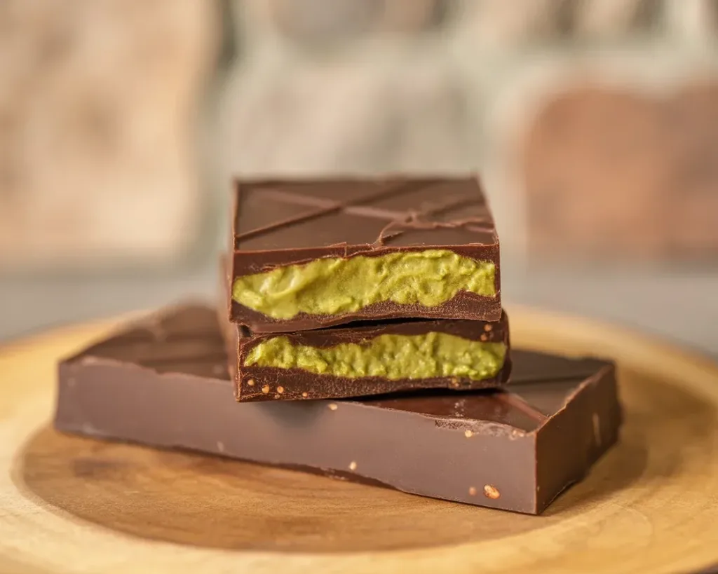 Luxurious Dubai Chocolate Bar with pistachio filling and crispy kataifi pastry.