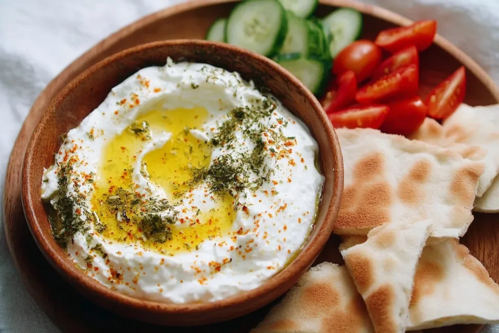 A bowl of homemade labneh served with olive oil and herbs