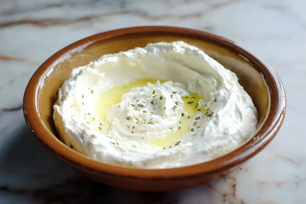 Homemade Labneh in a bowl, ready to serve with olive oil and herbs