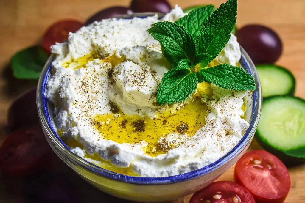 Bowl of unique homemade labneh served with olive oil and herbs