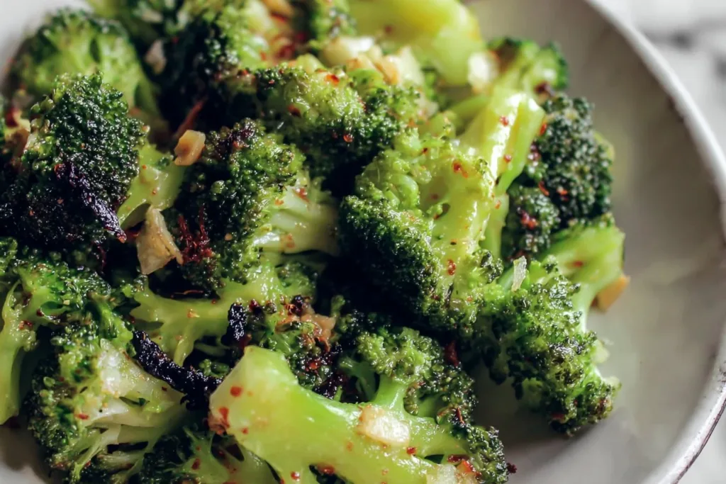 Crispy air fryer broccoli served in a bowl with seasoning