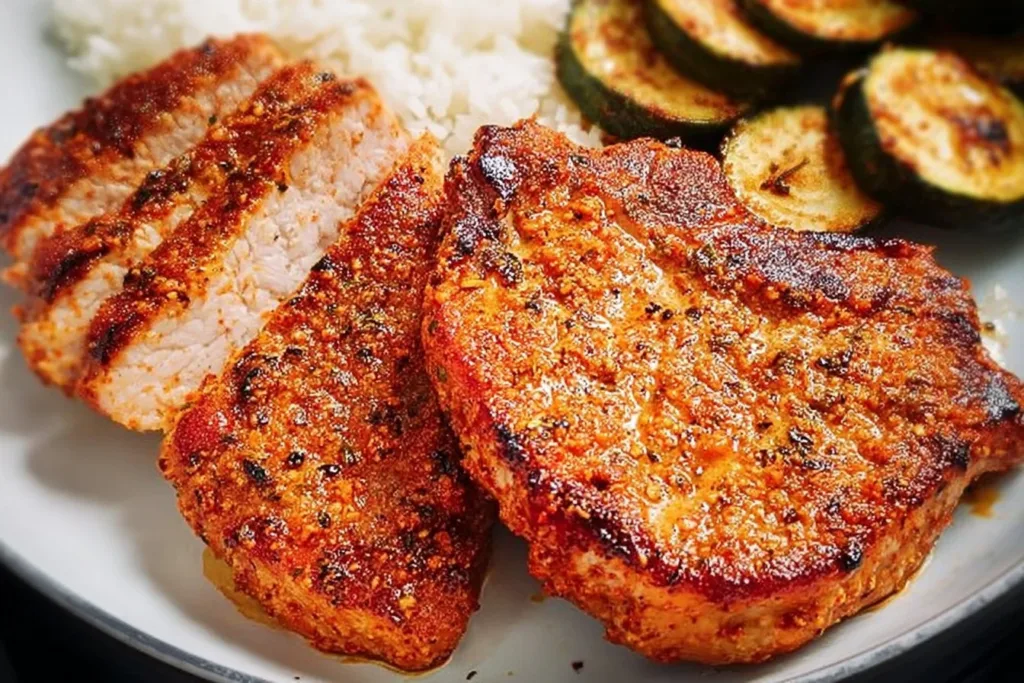 Delicious air-fried pork chops served on a plate with herbs