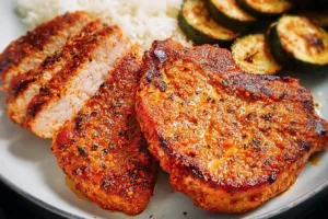 Delicious air-fried pork chops served on a plate with herbs