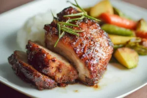 Delicious air fryer pork roast served with herbs and vegetables.