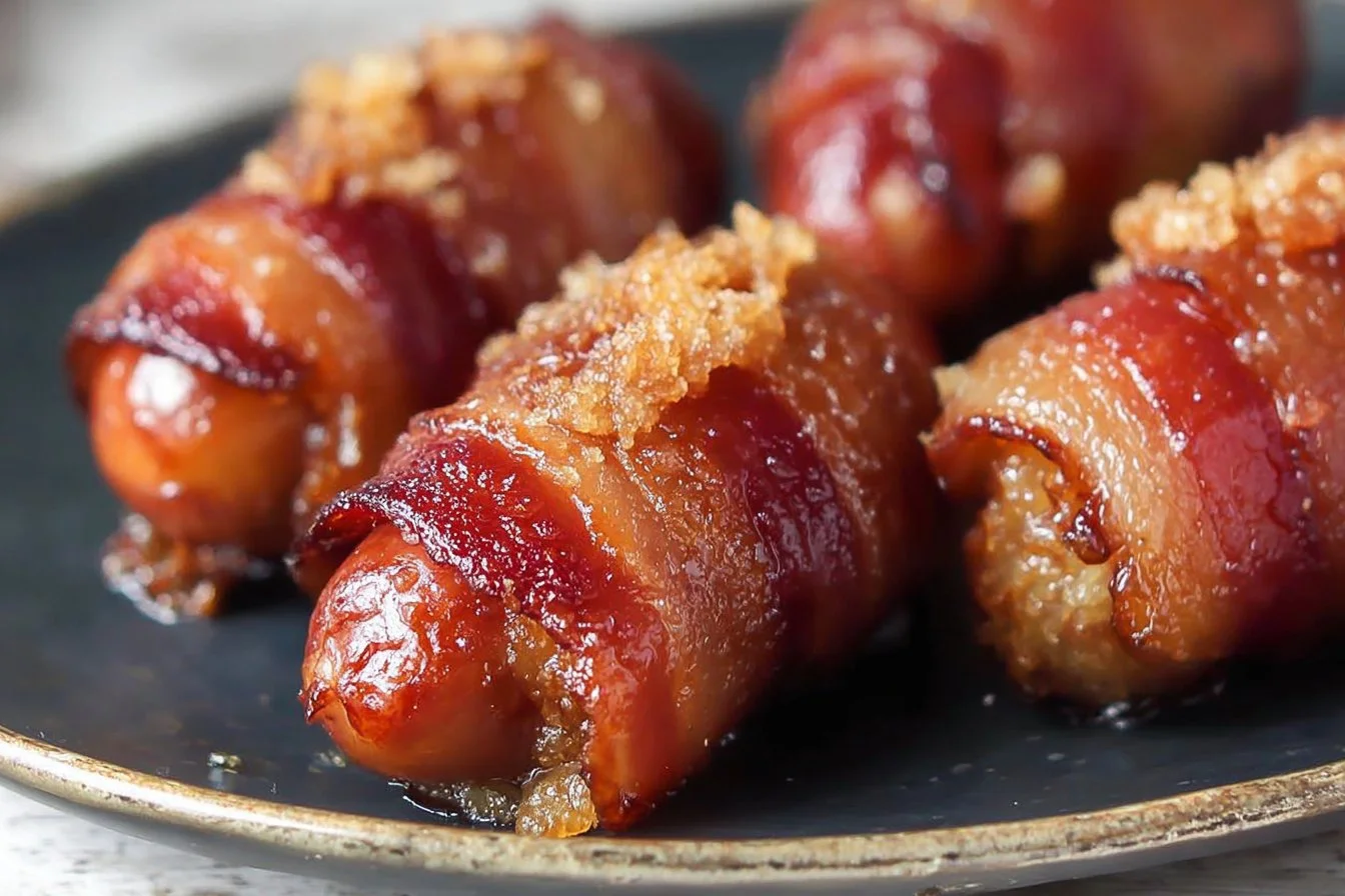 Plate of delicious bacon-wrapped little smokies appetizer