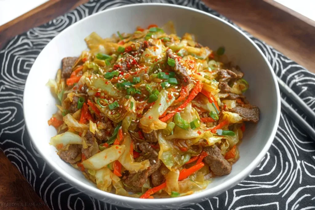 Beef and Cabbage Stir Fry with colorful vegetables in a serving dish