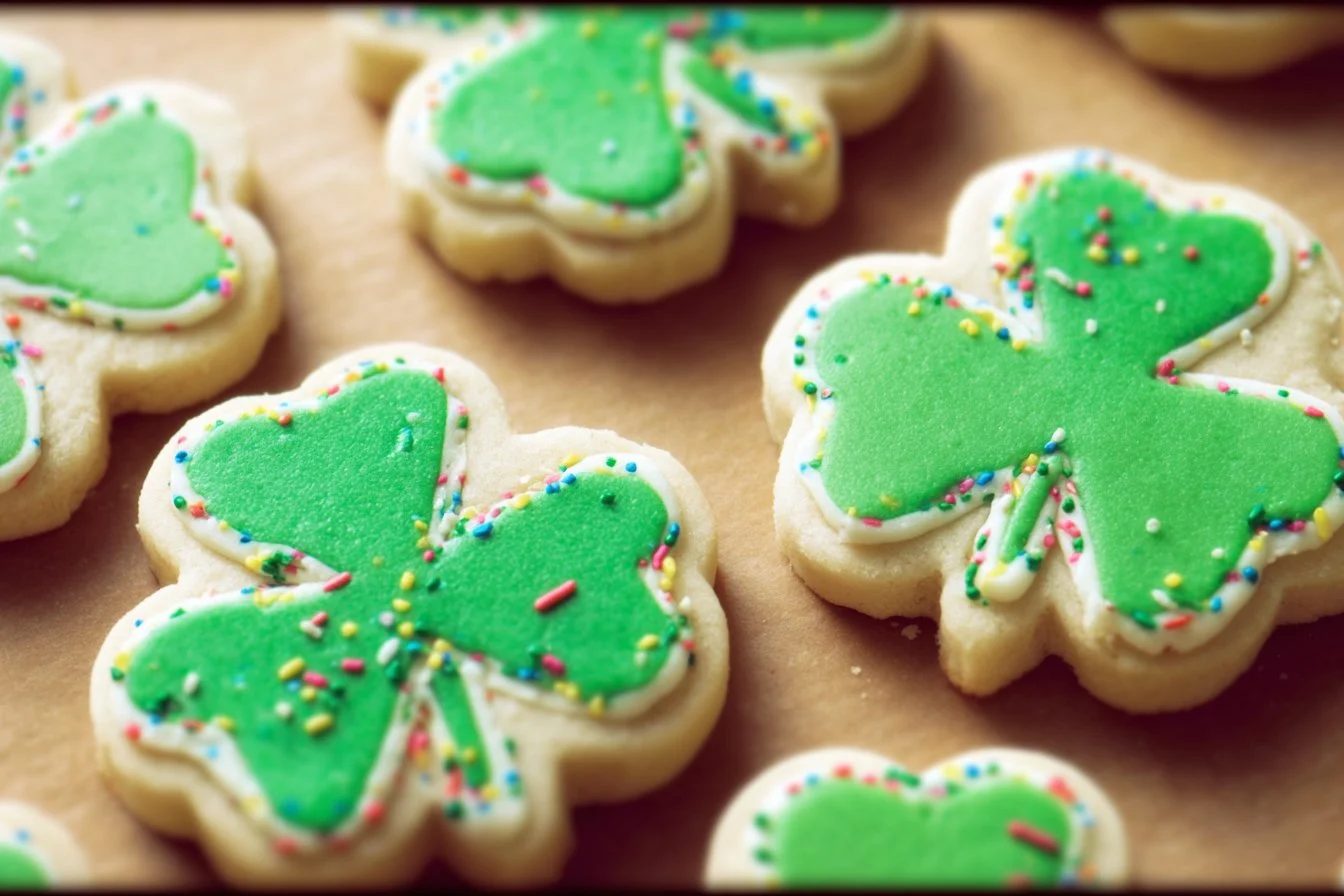 Festive St. Patrick's Day cookies decorated with green icing and sprinkles