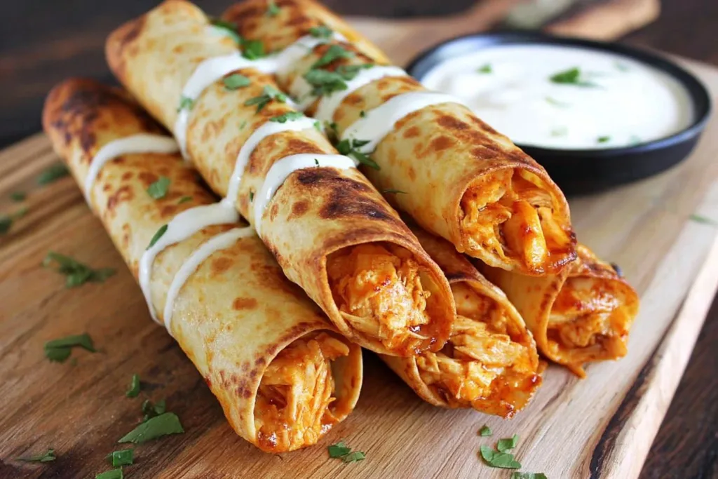 Crispy Buffalo Chicken Taquitos with spicy filling and cheese on a platter