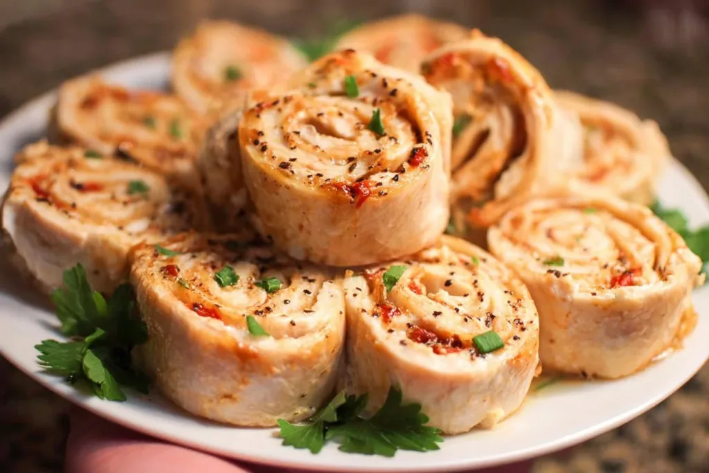 Delicious chicken and cream cheese pinwheels on a platter