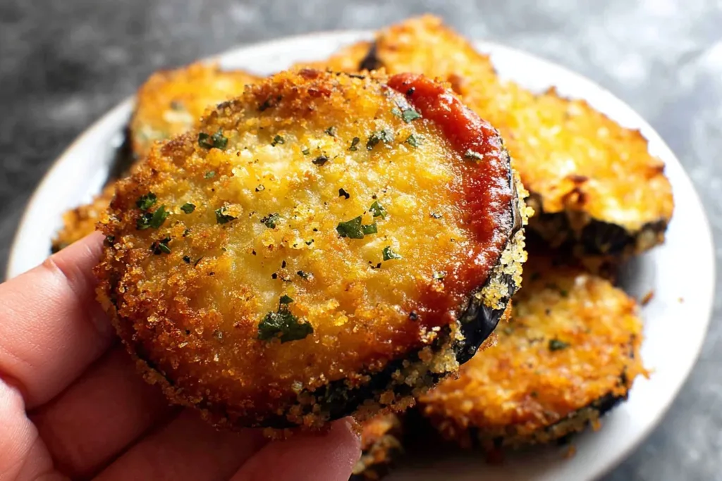 Crispy air fryer eggplant rounds served on a plate with dipping sauce