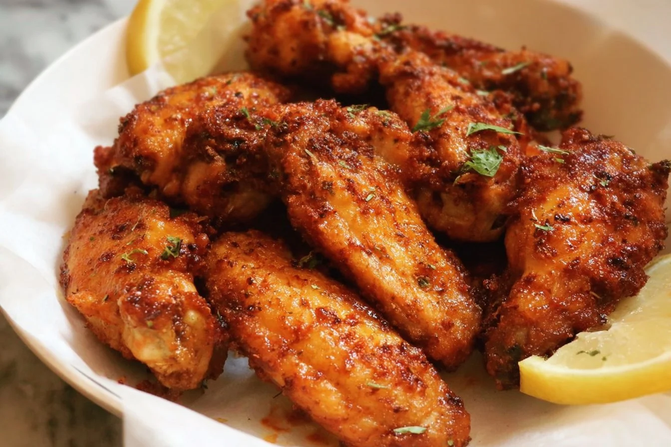 Plate of crispy baked chicken wings served with dipping sauce