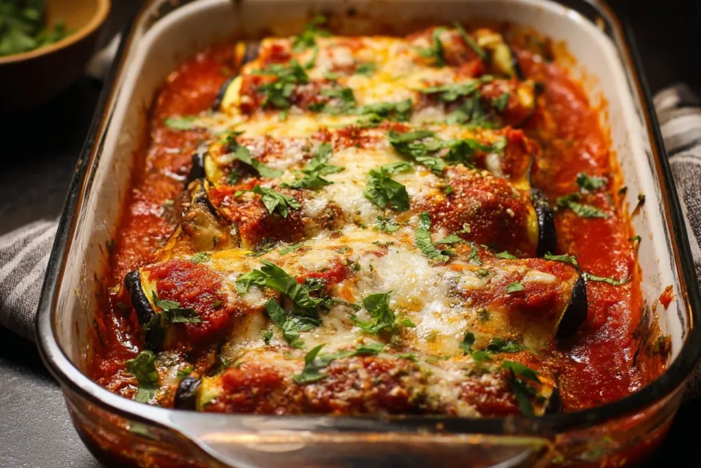 Delicious Eggplant Rollatini stuffed with ricotta and topped with marinara sauce.