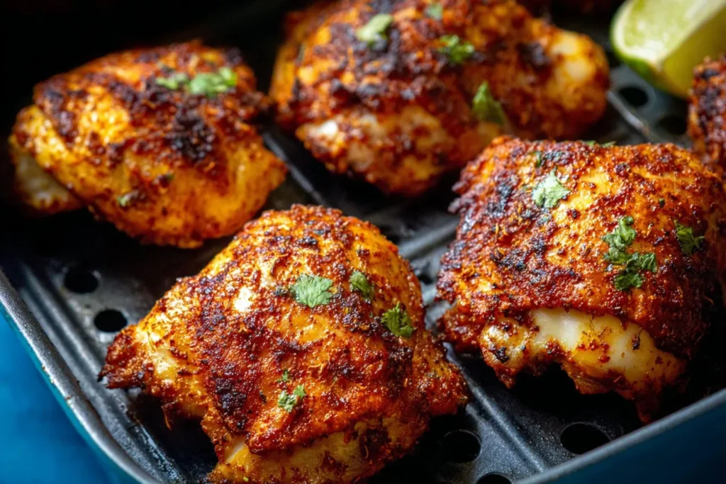 Air fryer cooked frozen chicken thighs, golden and crispy on a plate