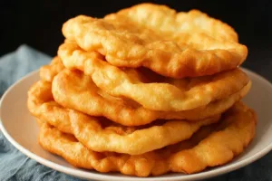 Freshly made fry bread with toppings on a rustic table.
