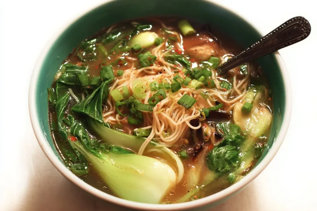 Bowl of Ginger Garlic Noodle Soup with fresh Bok Choy and spices