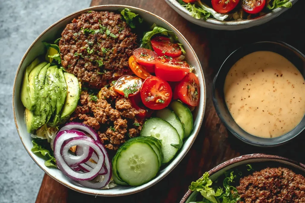 Delicious healthy burger bowls with fresh ingredients and special sauce