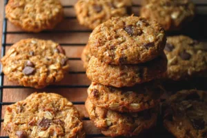 Healthy homemade oatmeal cookies with nuts and raisins on a plate