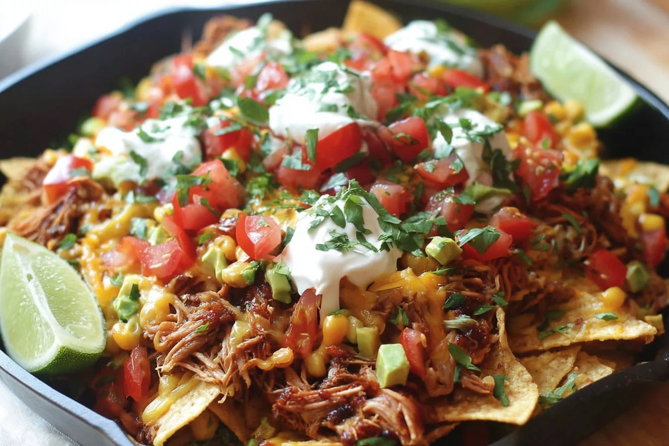 Delicious Instant Pot pulled pork nachos topped with cheese and jalapenos