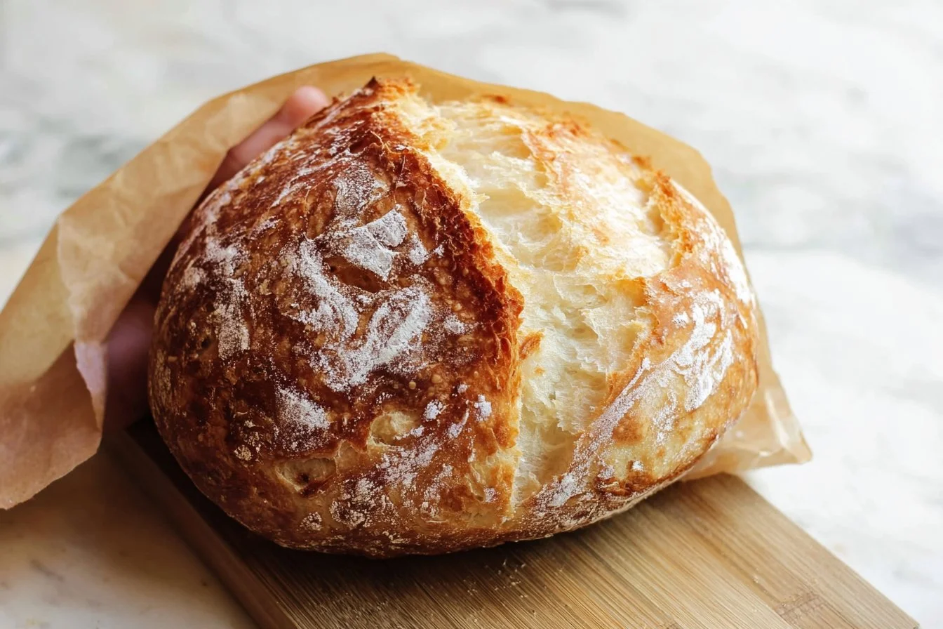 Loaf of miracle no-knead bread with a golden crust and airy texture