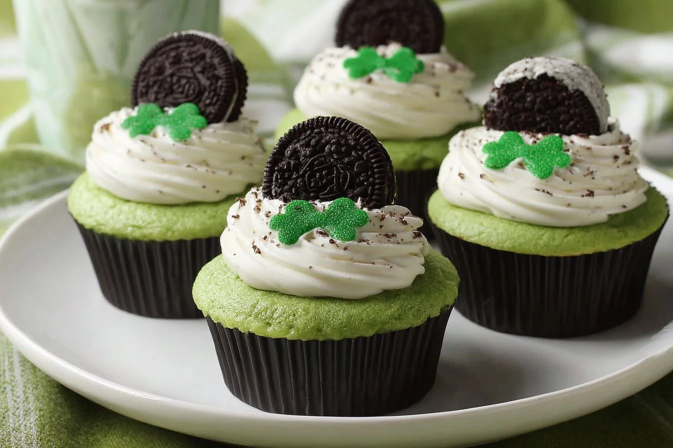 Delicious Shamrock Cupcakes topped with OREO cookies for festive celebrations