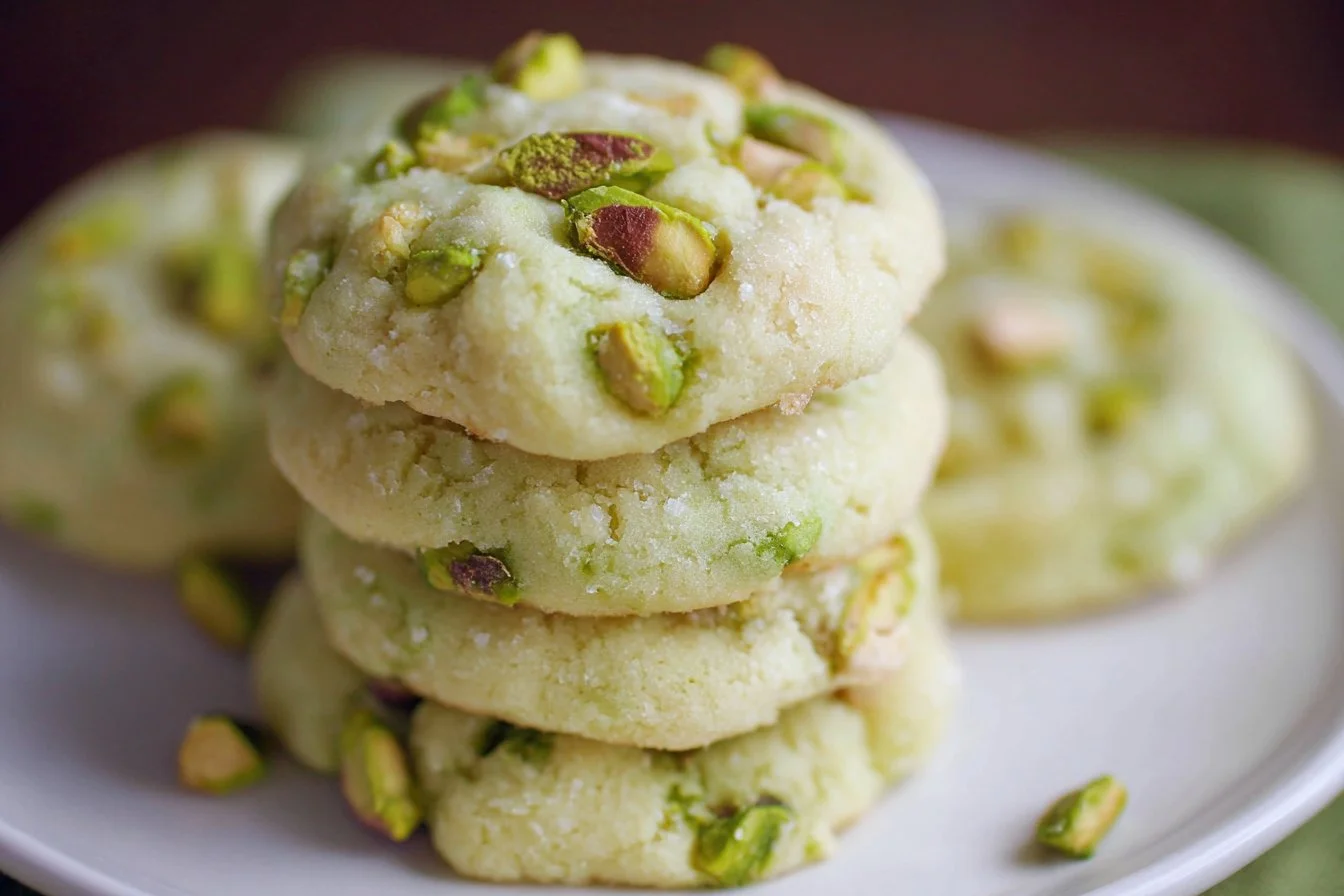 Freshly baked pistachio pudding cookies on a cooling rack