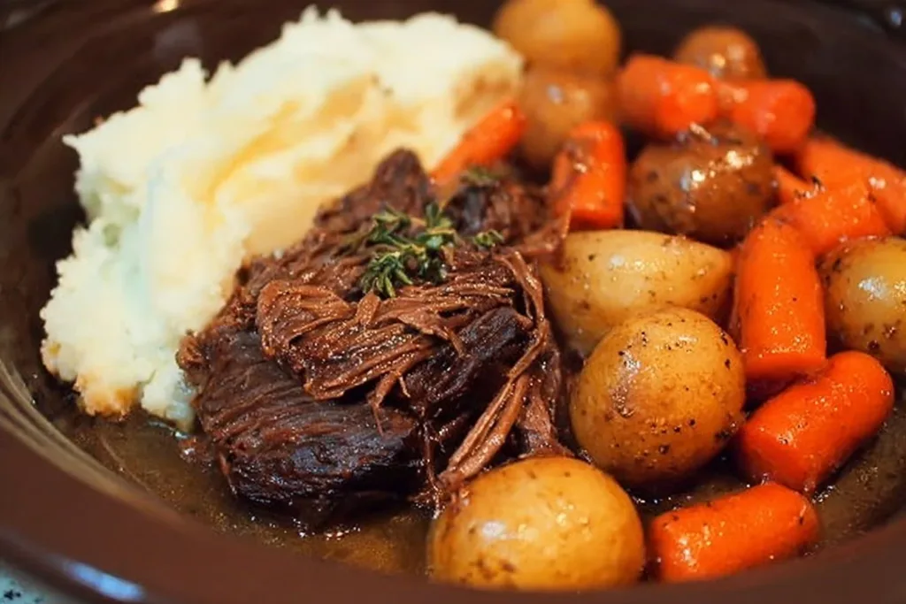 Delicious and tender pot roast served with vegetables and gravy