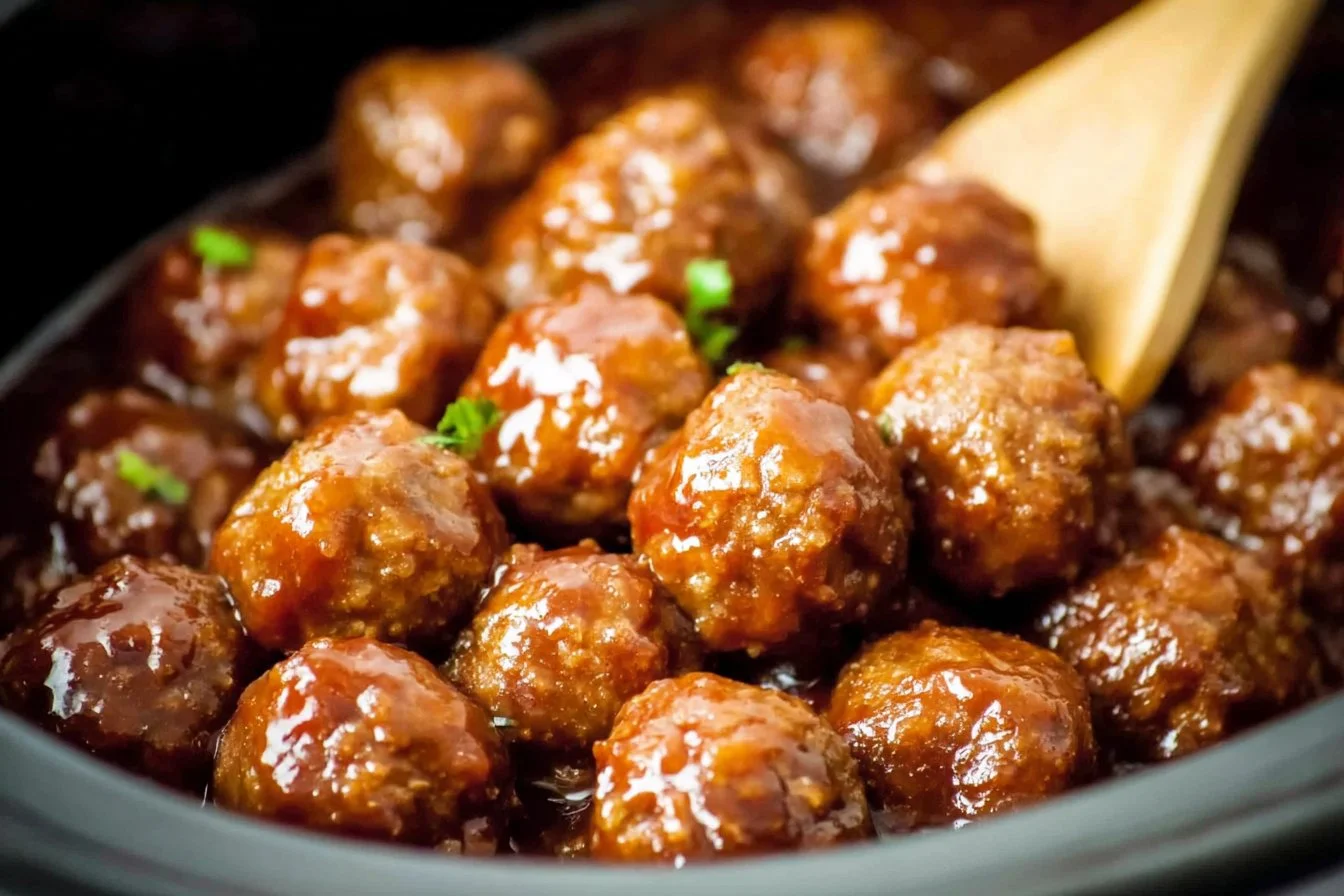 Slow cooker honey buffalo meatballs served in a bowl with sauce