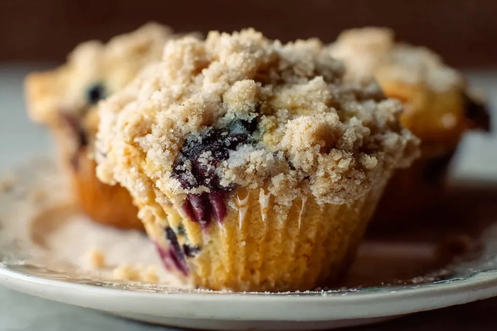 Sourdough blueberry muffins with crumb topping on a wooden table
