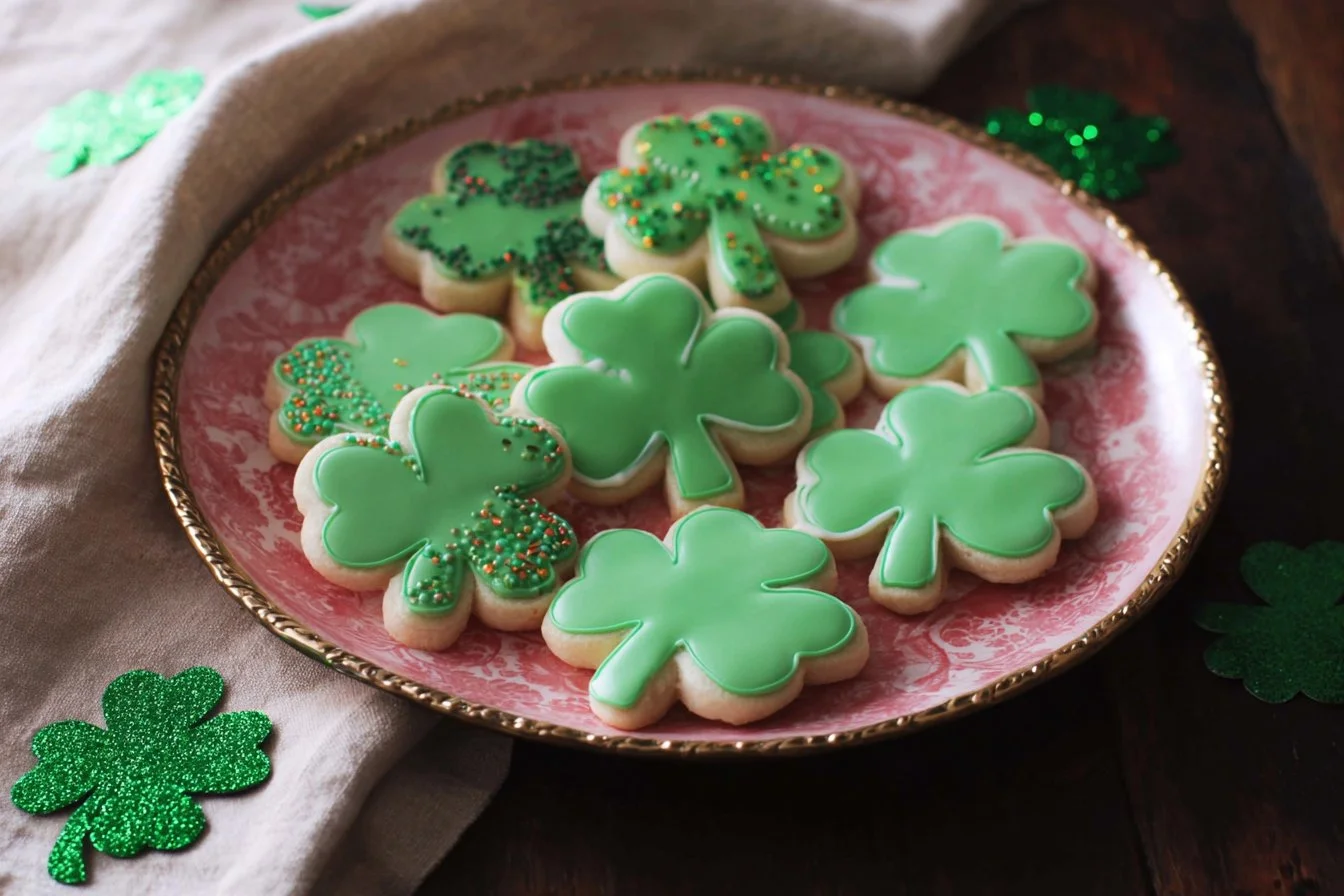 St. Patrick's Day decorated sugar cookies in green and gold colors