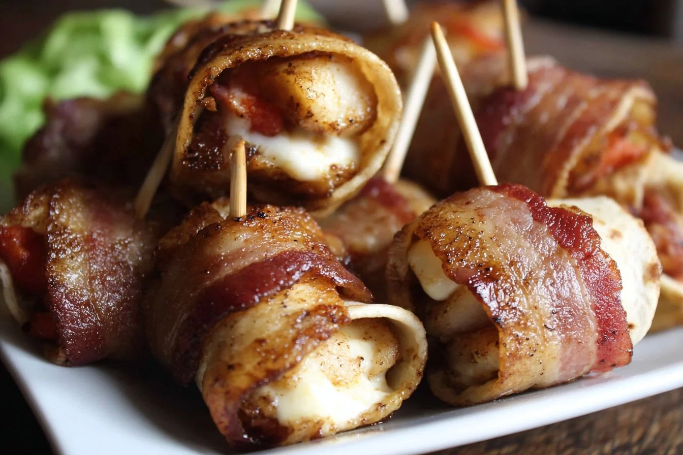 Delicious sweet chicken bacon wraps served on a plate
