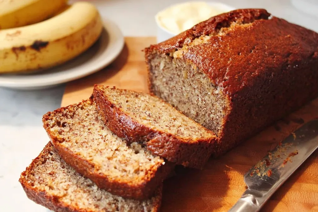 Slice of whole grain banana bread on a wooden cutting board
