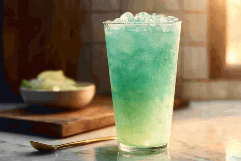 Taco Bell Dirty Mountain Dew Baja Blast Dream Soda served in a glass